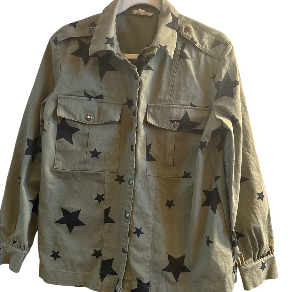 Promesa Woman’s Size Medium Olive Black Star Snap Collared Long Sleeve Jacket
